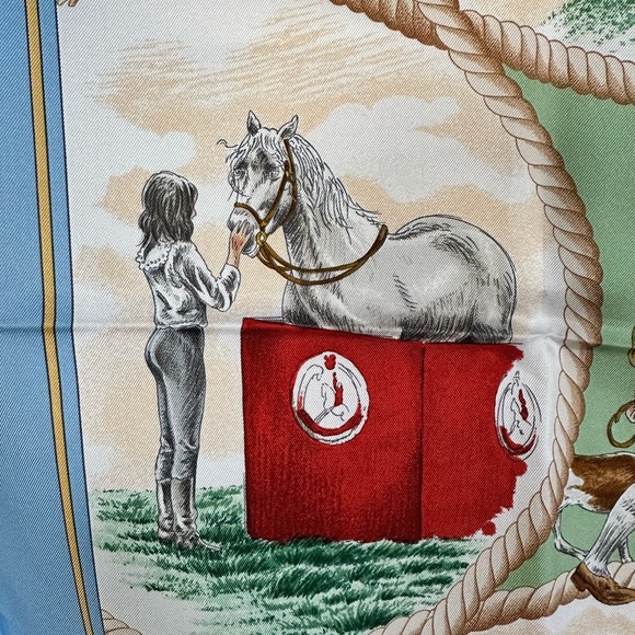 🔹Hermes 100% silk scarf Auteuil en Mai By Parcevaux blue green horses shawl wrap - Picture 11 of 16
